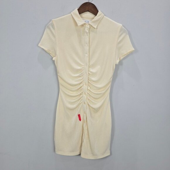 With Jean XS Mini Buttercream Dress Button Front Collared Ruched Bodycon Slinky - Picture 1 of 11